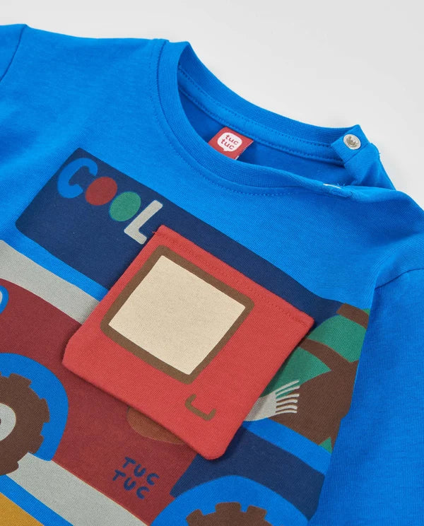Maglia Boy Blu in Cotone con Stampa Auto – Maniche Lunghe