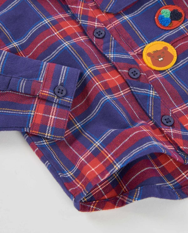 Camicia Boy Scozzese a Quadri Blu e Rossi con Toppe Decorative