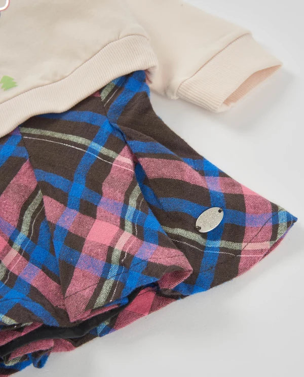 Vestito Girl in Cotone con Stampa Alce e Gonna a Quadri