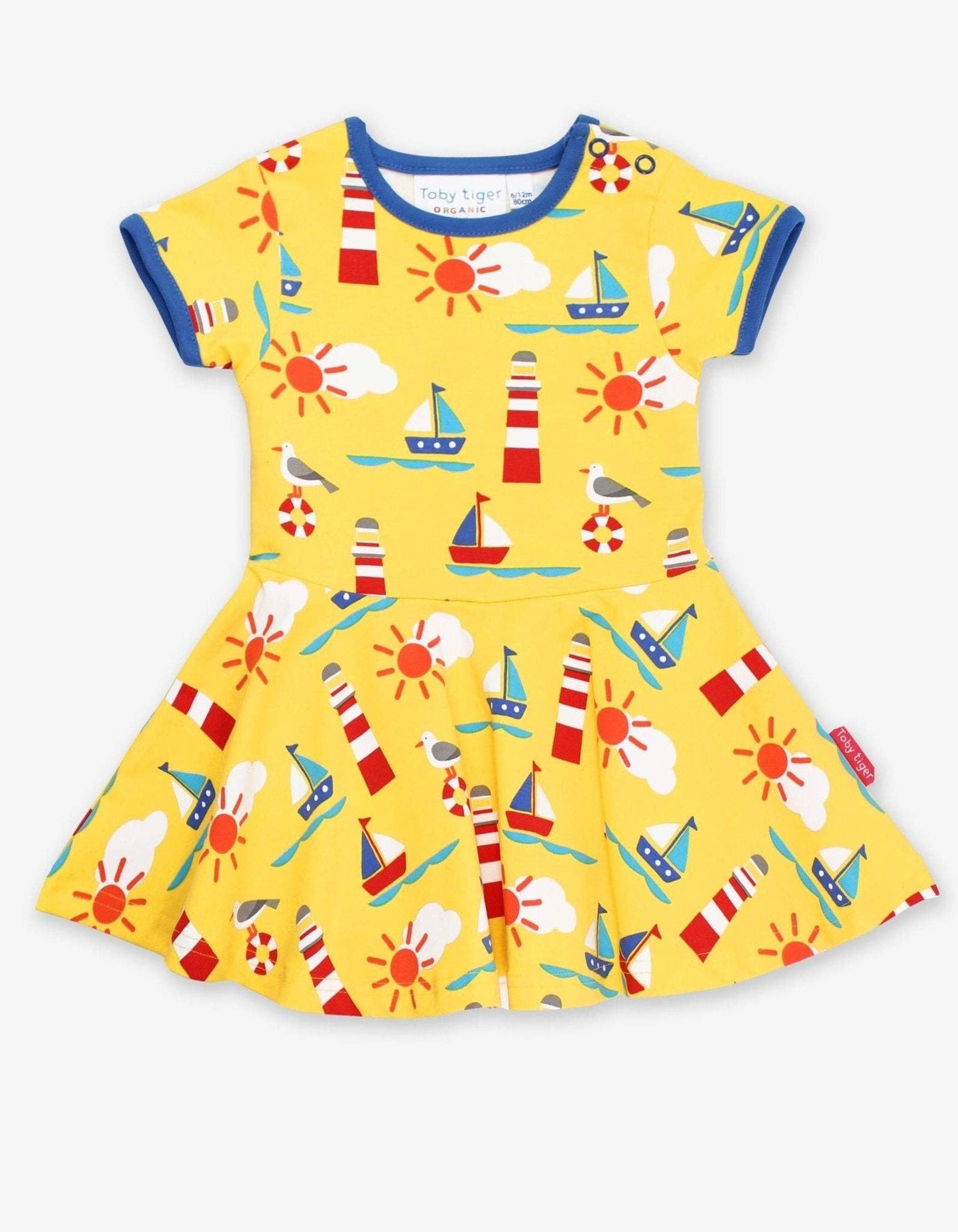 Abito girl in cotone biologico a maniche corte con stampa marittima.