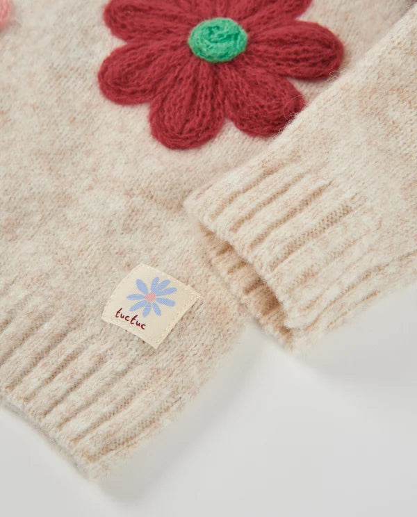 Maglione girl in Tricot Écru con Fiori Ricamati e Bottoni