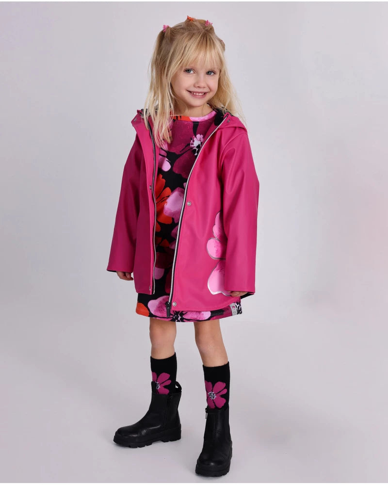 Impermeabile Girl fucsia con cappuccio decorato e fiori - Tuctuc