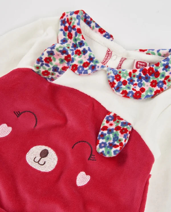 Pagliaccetto Newborn Ciniglia con Orsetto e Colletto Floreale – Rosso Ciliegia