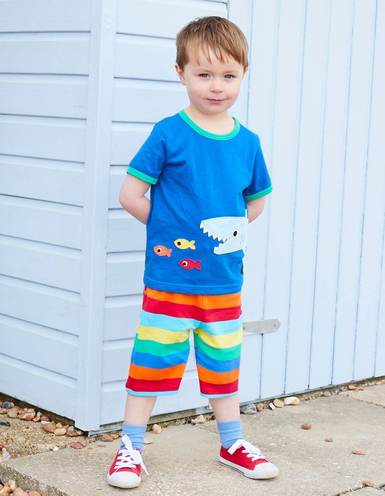 Maglietta per bambini in cotone biologico a maniche corte con applicazione di squalo - boy