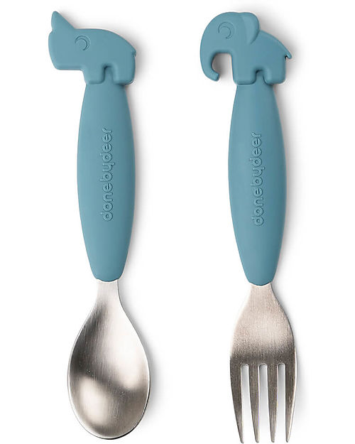 Set 2 Posate Bambino Antiscivolo Done By Deer – Forchetta e Cucchiaio in Silicone e Acciaio