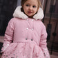 Cappotto Invernale Bambina Rosa con Cappuccio in Pelliccia e Stampa a Cuori