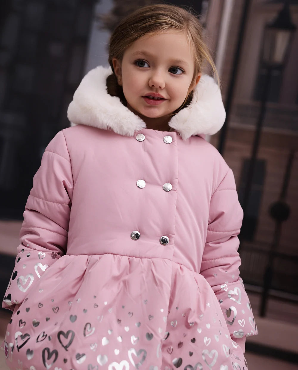 Cappotto Invernale Bambina Rosa con Cappuccio in Pelliccia e Stampa a Cuori