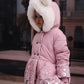 Cappotto Invernale Bambina Rosa con Cappuccio in Pelliccia e Stampa a Cuori