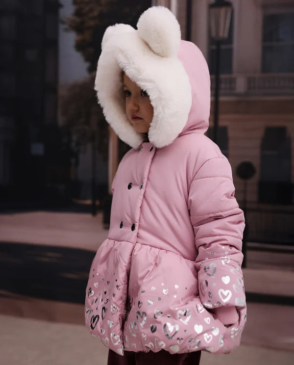 Cappotto Invernale Bambina Rosa con Cappuccio in Pelliccia e Stampa a Cuori