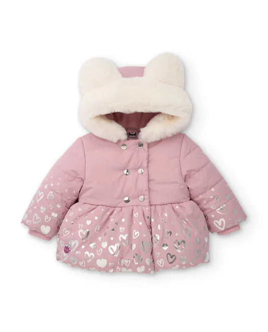 Cappotto Invernale Bambina Rosa con Cappuccio in Pelliccia e Stampa a Cuori