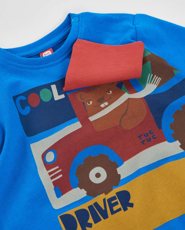 Maglia Boy Blu in Cotone con Stampa Auto – Maniche Lunghe