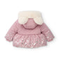 Cappotto Invernale Bambina Rosa con Cappuccio in Pelliccia e Stampa a Cuori