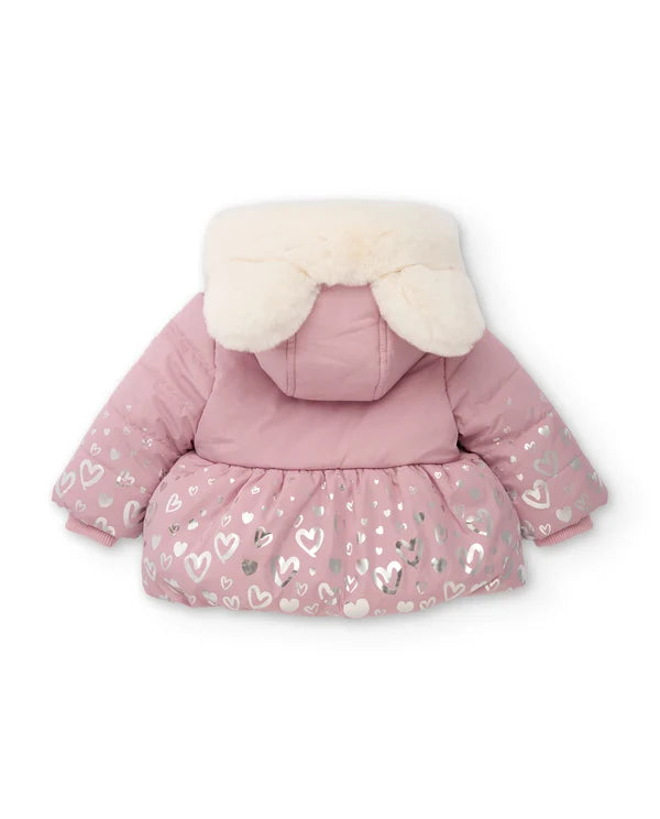 Cappotto Invernale Bambina Rosa con Cappuccio in Pelliccia e Stampa a Cuori