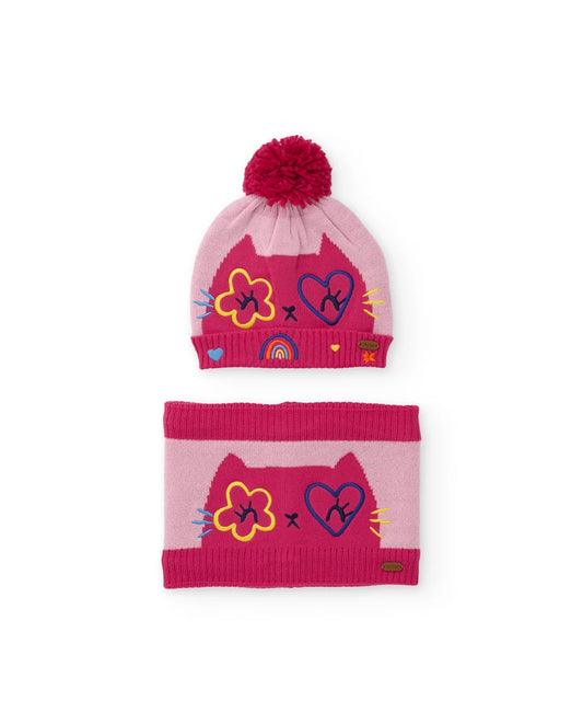 Set Berretto con Pompon e Scaldacollo Rosa Bambina