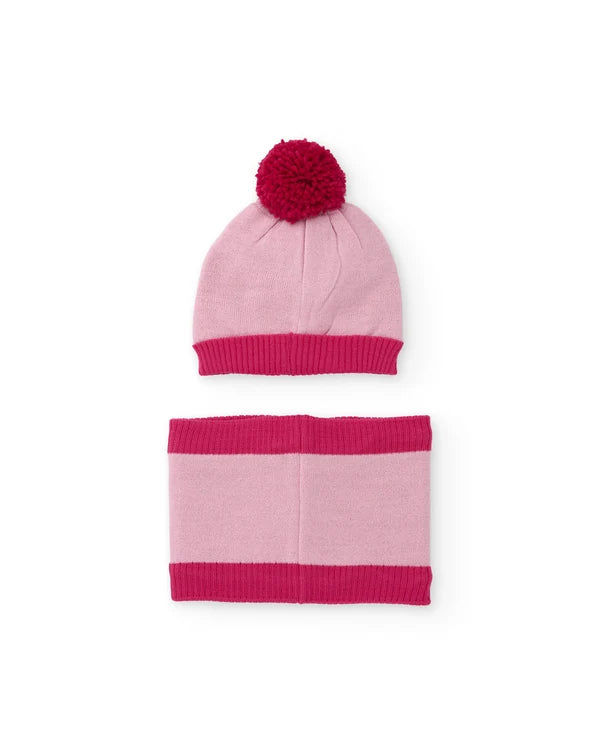 Set Berretto con Pompon e Scaldacollo Rosa Bambina