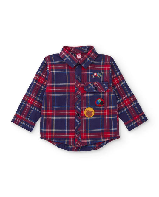Camicia Boy Scozzese a Quadri Blu e Rossi con Toppe Decorative
