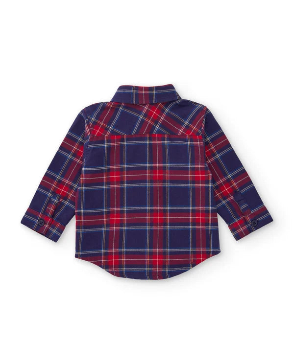 Camicia Boy Scozzese a Quadri Blu e Rossi con Toppe Decorative