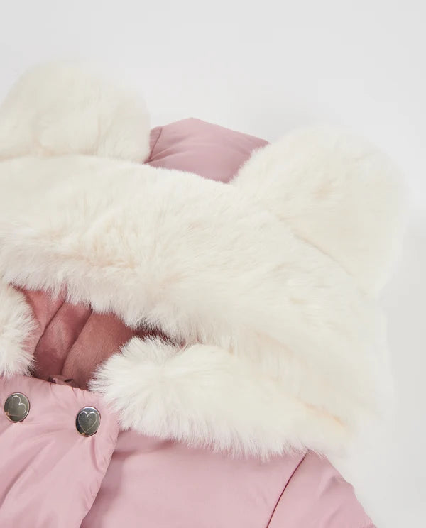 Cappotto Invernale Bambina Rosa con Cappuccio in Pelliccia e Stampa a Cuori