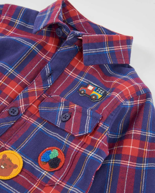Camicia Boy Scozzese a Quadri Blu e Rossi con Toppe Decorative