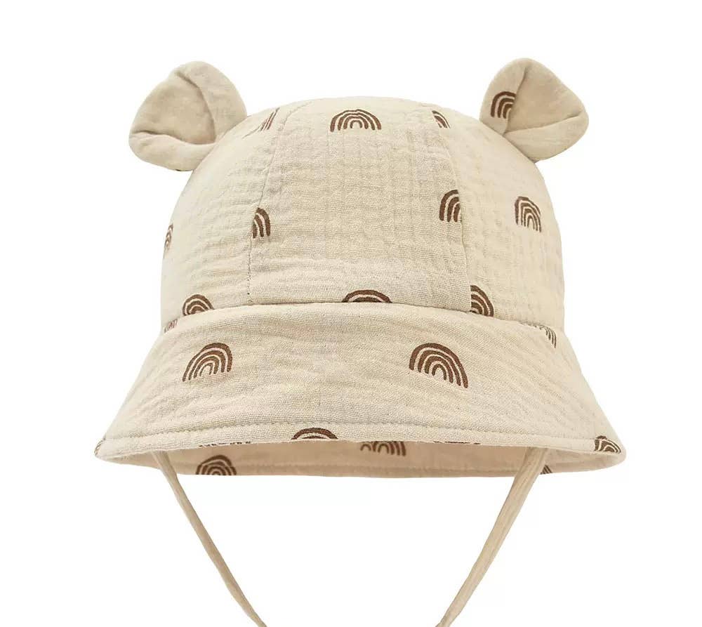 Cappello da sole Newborn in mussola con orecchie - Beige con arcobaleno