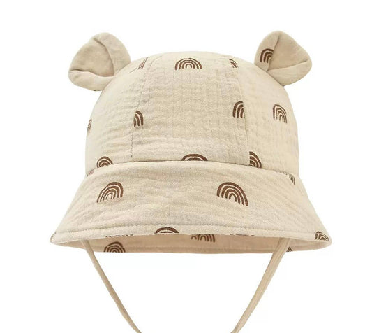 Cappello da sole Newborn in mussola con orecchie - Beige con arcobaleno