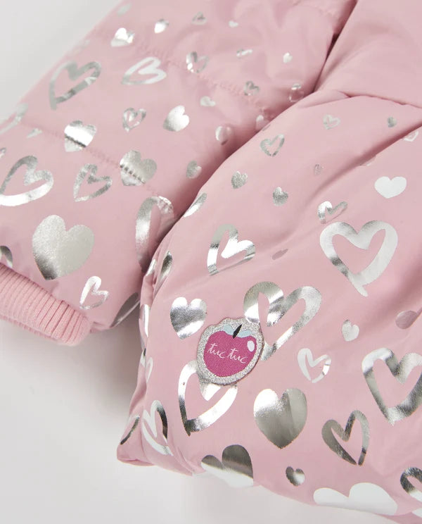 Cappotto Invernale Bambina Rosa con Cappuccio in Pelliccia e Stampa a Cuori