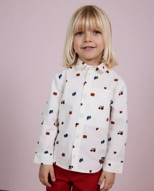 Camicia Boy Bianca in Cotone con Stampa Fantasia e Bottoni
