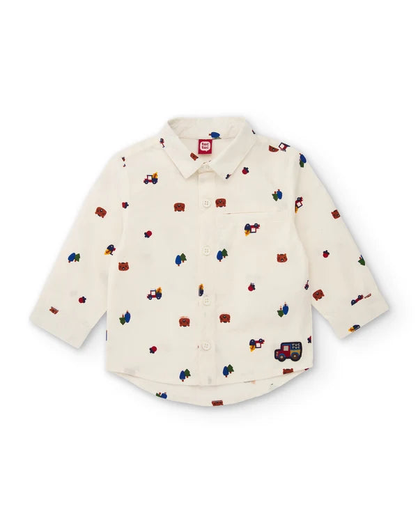 Camicia Boy Bianca in Cotone con Stampa Fantasia e Bottoni