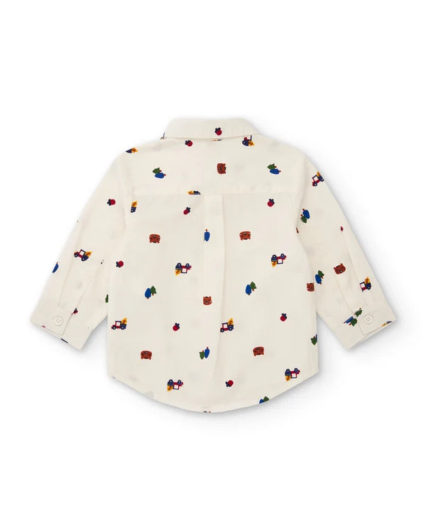 Camicia Boy Bianca in Cotone con Stampa Fantasia e Bottoni