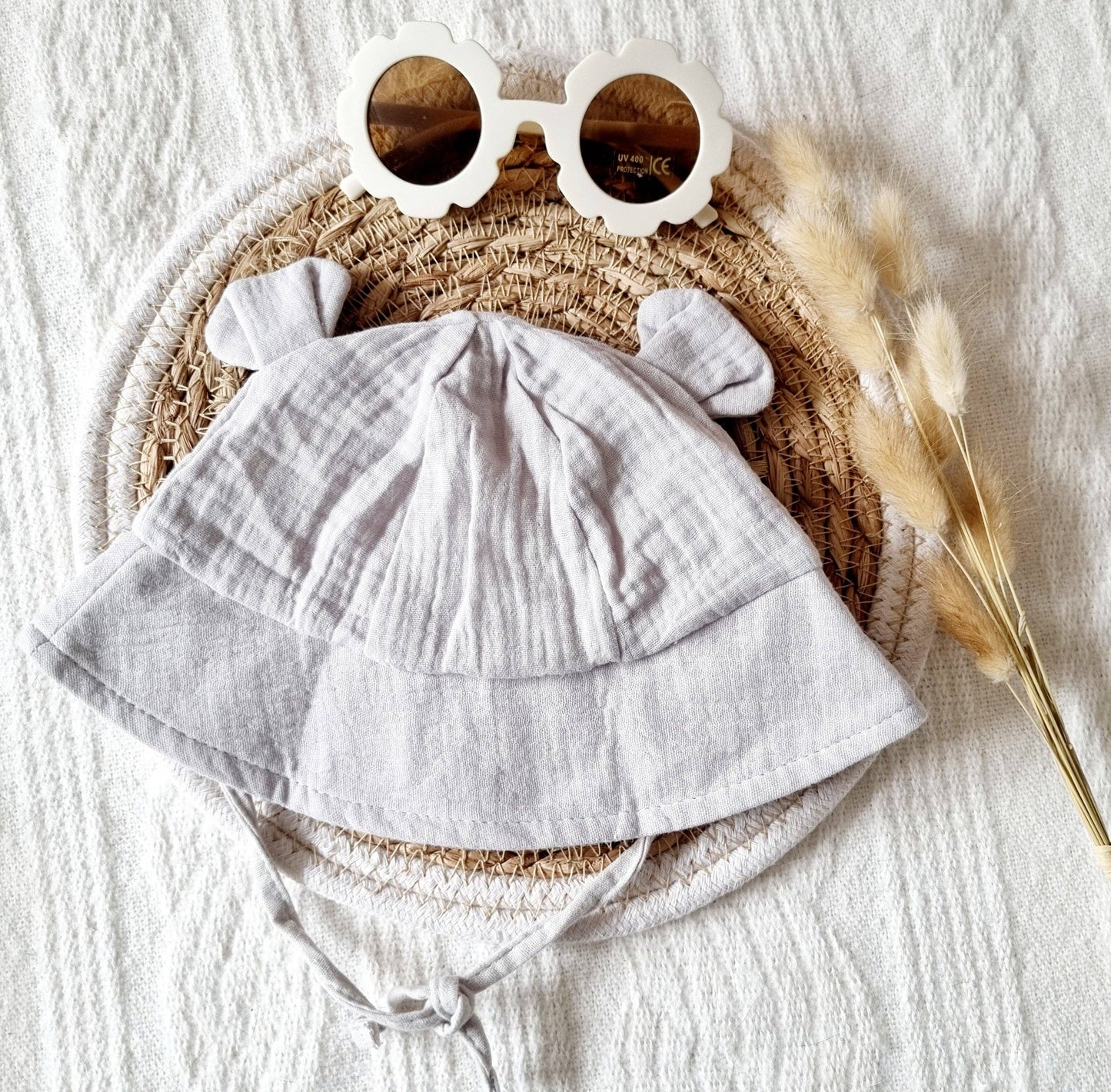 Cappello da sole Newborn in mussola con orecchie - Grigio chiaro
