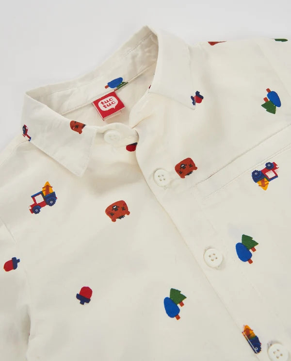 Camicia Boy Bianca in Cotone con Stampa Fantasia e Bottoni