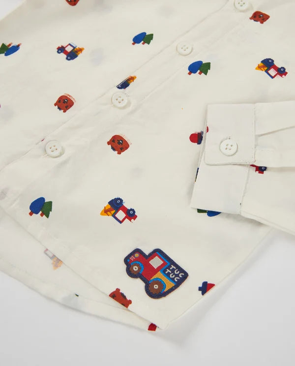 Camicia Boy Bianca in Cotone con Stampa Fantasia e Bottoni