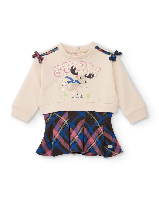 Vestito Girl in Cotone con Stampa Alce e Gonna a Quadri