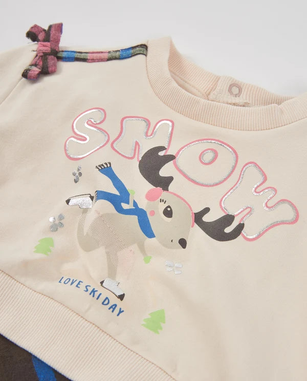 Vestito Girl in Cotone con Stampa Alce e Gonna a Quadri