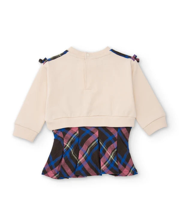 Vestito Girl in Cotone con Stampa Alce e Gonna a Quadri