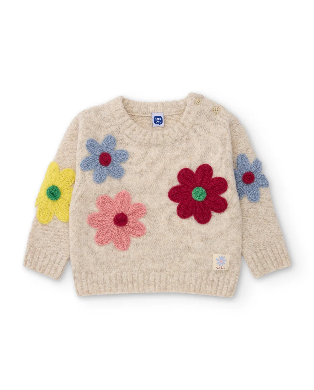 Maglione girl in Tricot Écru con Fiori Ricamati e Bottoni