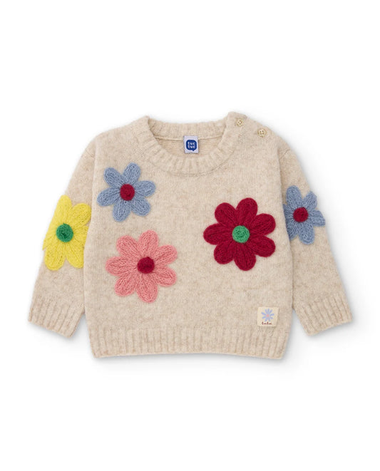 Maglione girl in Tricot Écru con Fiori Ricamati e Bottoni