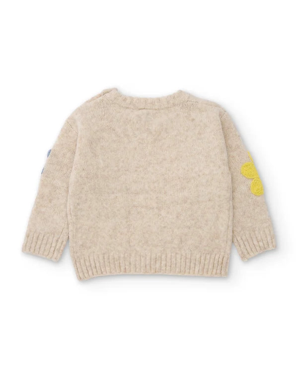 Maglione girl in Tricot Écru con Fiori Ricamati e Bottoni