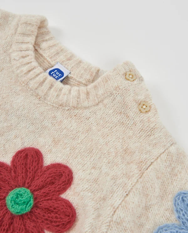 Maglione girl in Tricot Écru con Fiori Ricamati e Bottoni