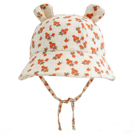 Cappellino da sole Newborn in mussola  con orecchie – regolabile | stampa arancia