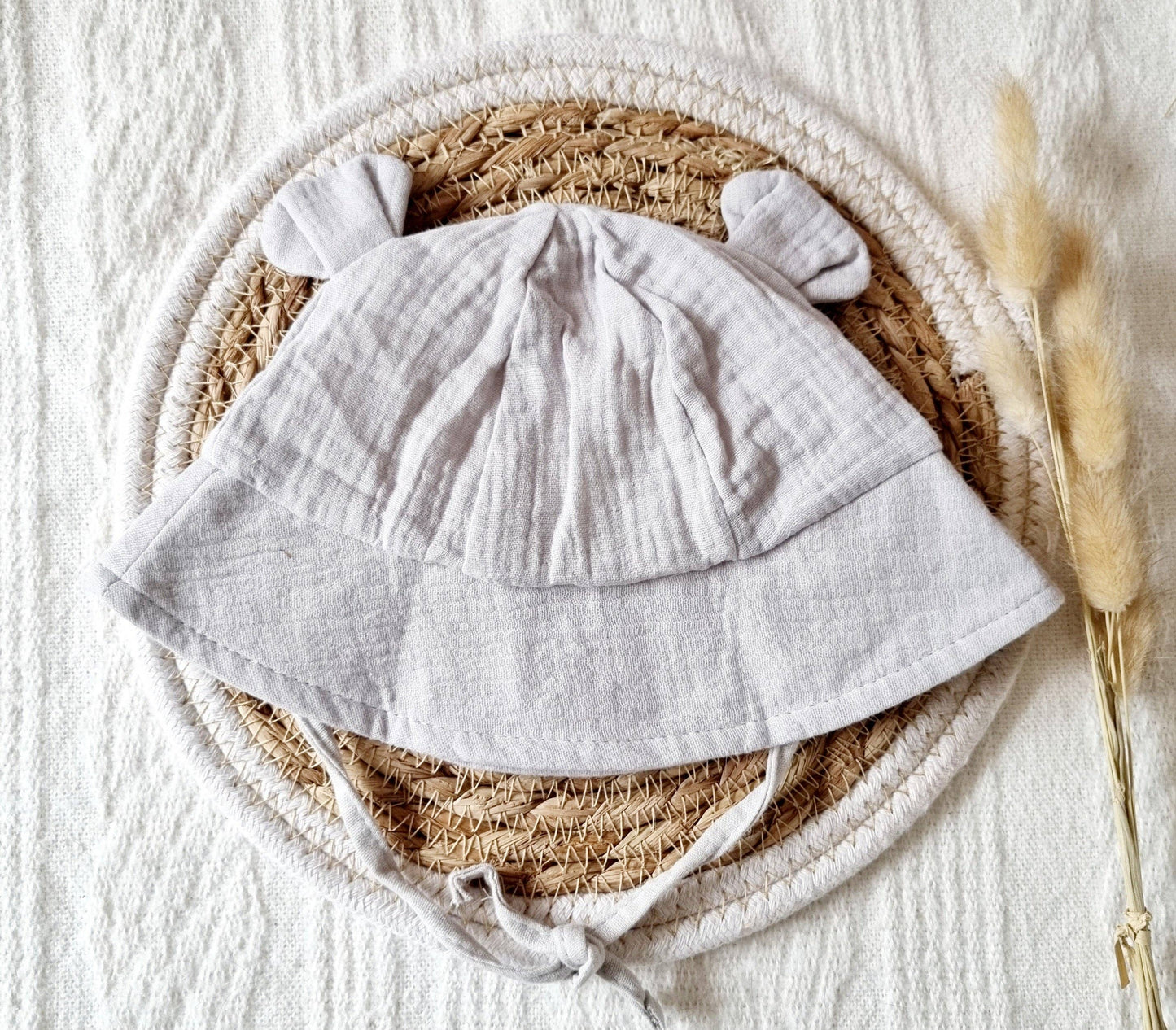 Cappello da sole Newborn in mussola con orecchie - Grigio chiaro