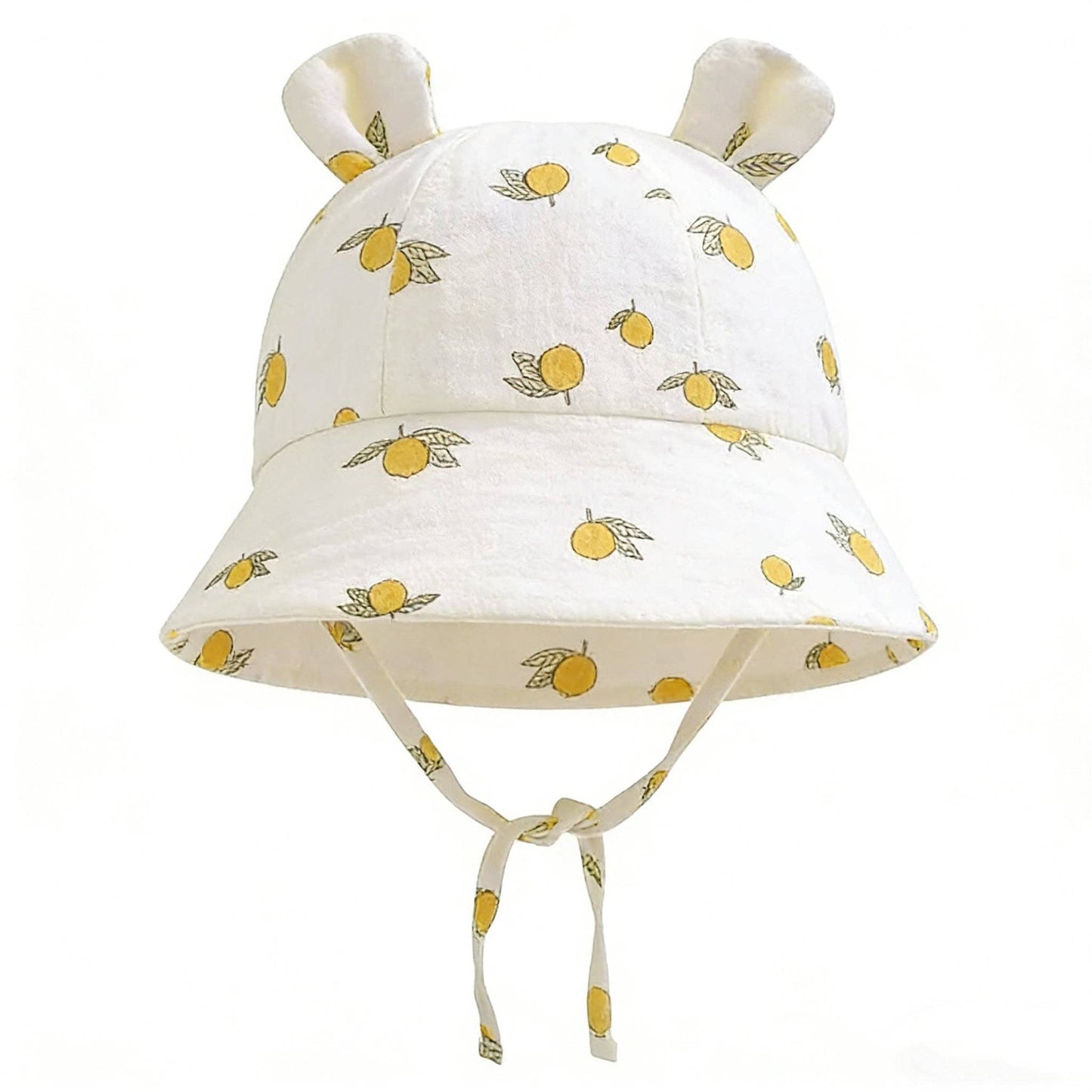 Cappellino da sole Newborn in mussola con orecchie – regolabile | stampa limoni