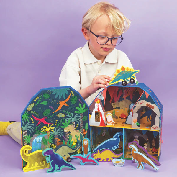 Scatola Gioco Dinosauri in Legno – Play Box Portatile | Gioco Creativo 3+