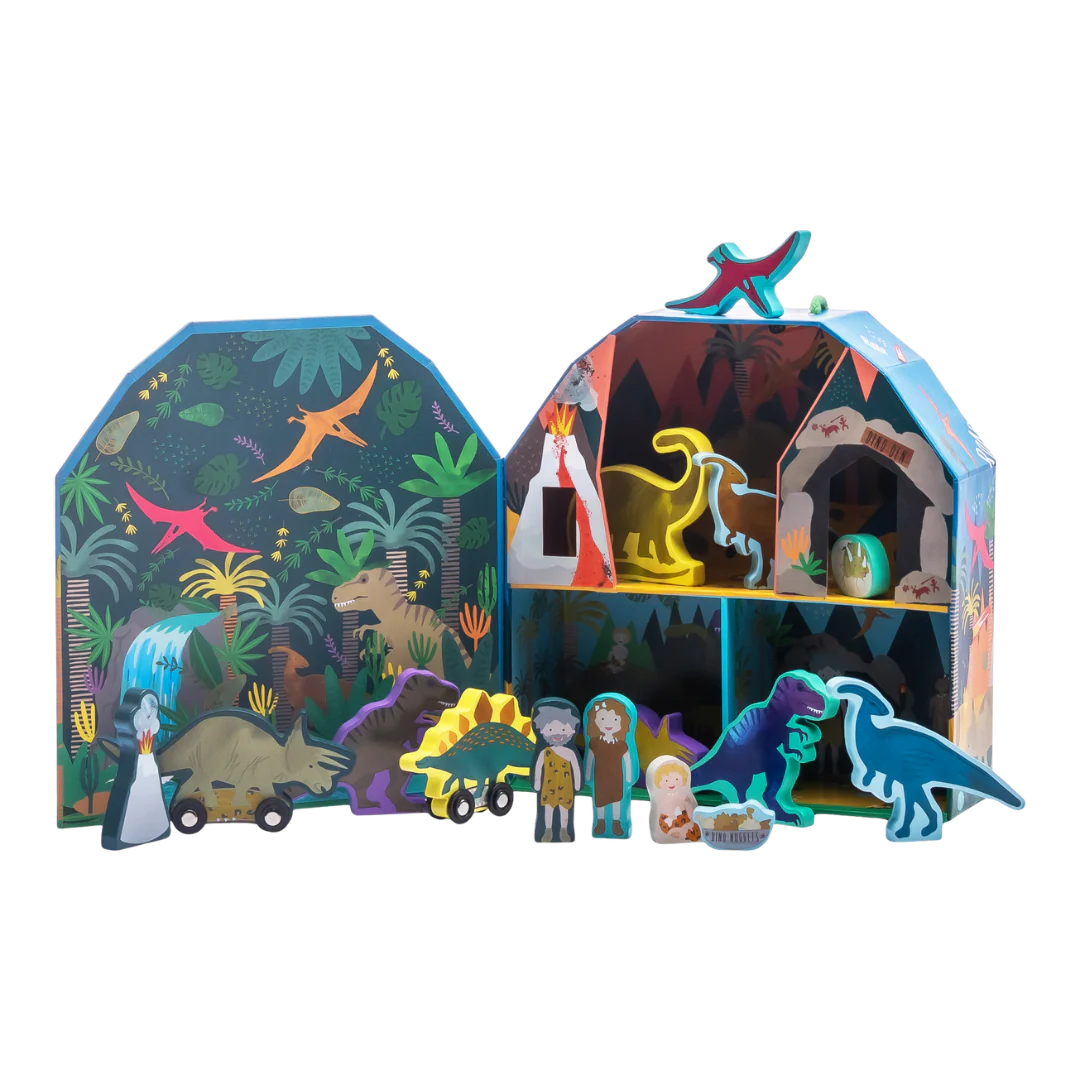 Scatola Gioco Dinosauri in Legno – Play Box Portatile | Gioco Creativo 3+