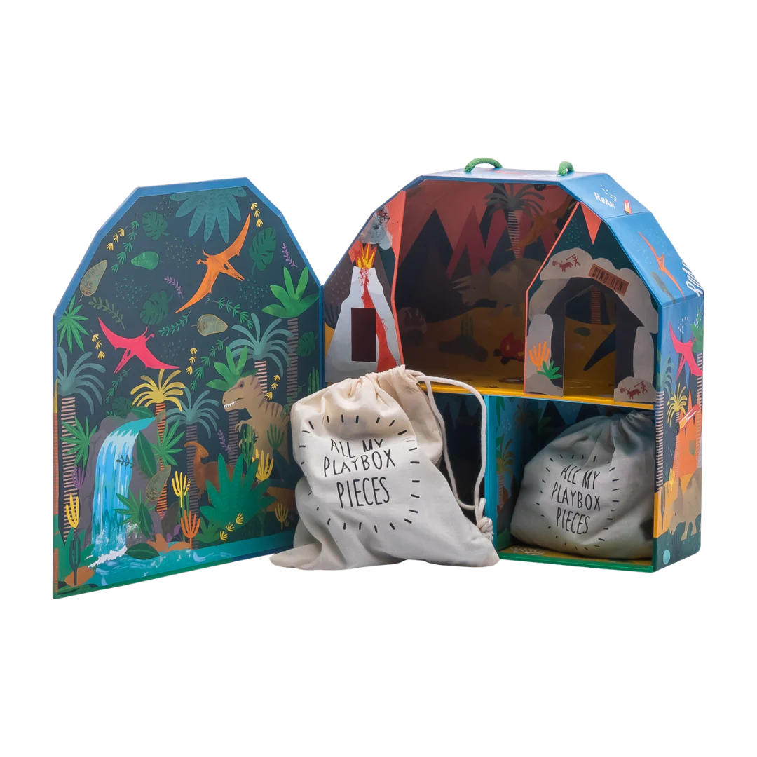 Scatola Gioco Dinosauri in Legno – Play Box Portatile | Gioco Creativo 3+