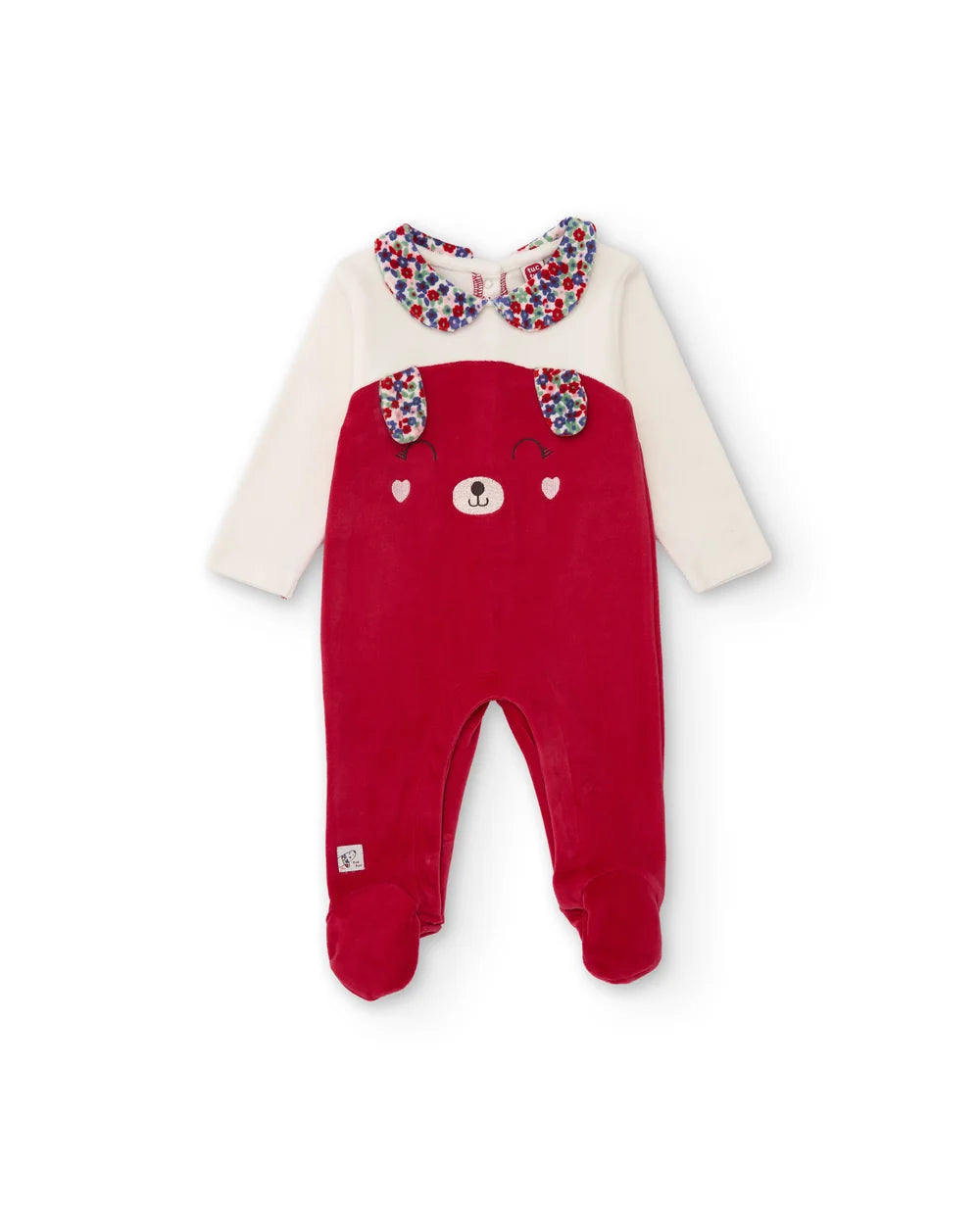 Pagliaccetto Newborn Ciniglia con Orsetto e Colletto Floreale – Rosso Ciliegia
