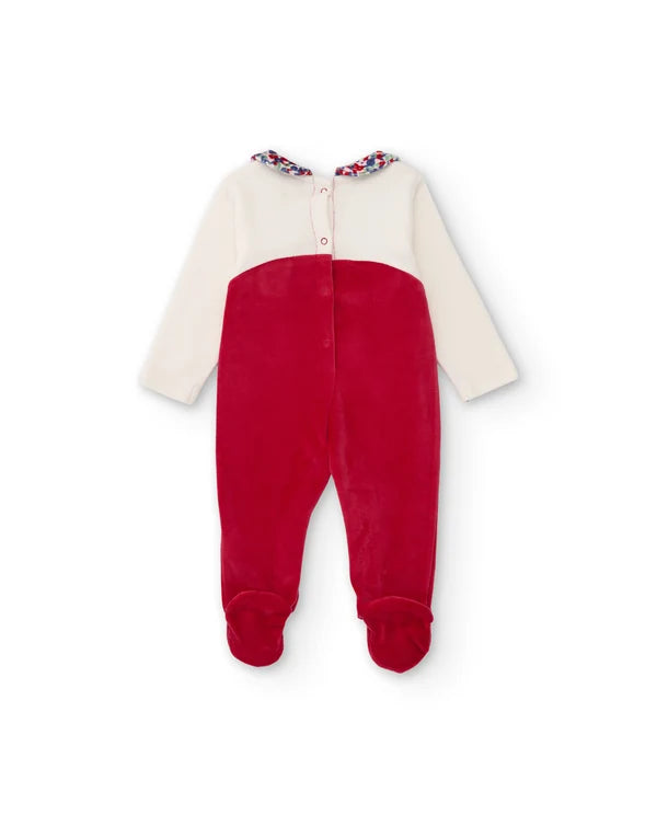 Pagliaccetto Newborn Ciniglia con Orsetto e Colletto Floreale – Rosso Ciliegia